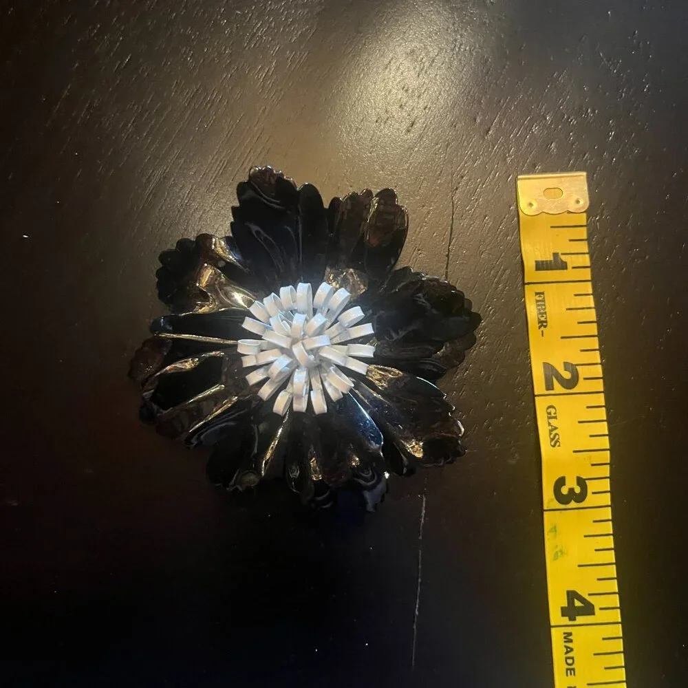 Vintage Black and White Metal Flower Brooch and Clip on Earring Set
